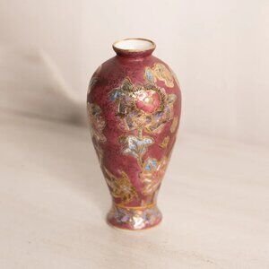 Small Burgundy Ceramic Vase with Floral Designs